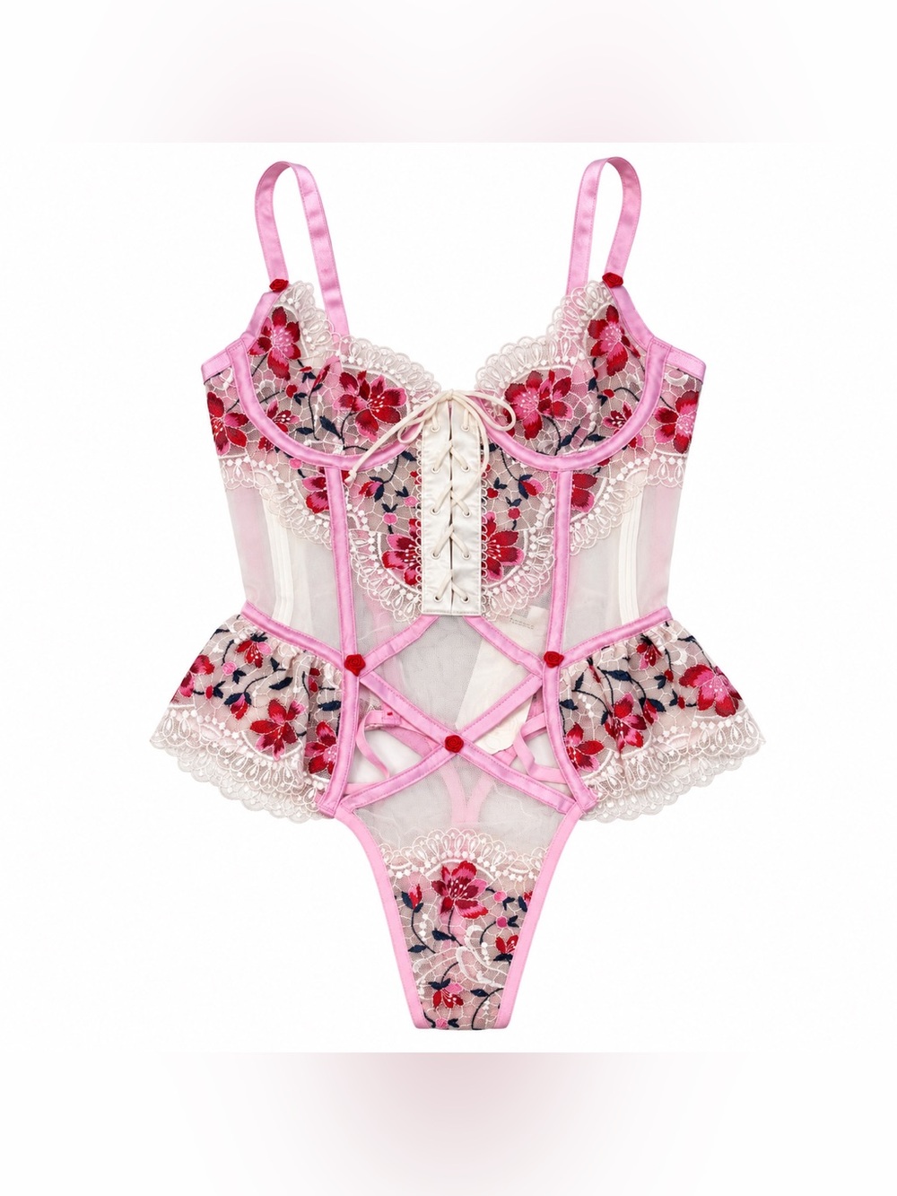 For Love & Lemons NWT Floral Embroidered Corset Teddy Bodysuit Pink XXS